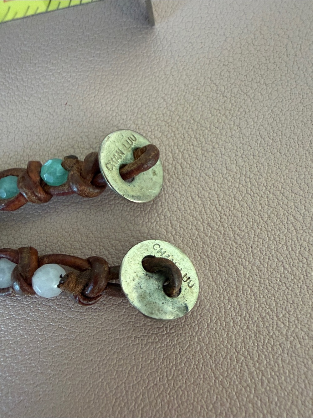 Chan Luu Brown Leather Bracelet Pair with Green and Light Pink Beads - Picture 3 of 5